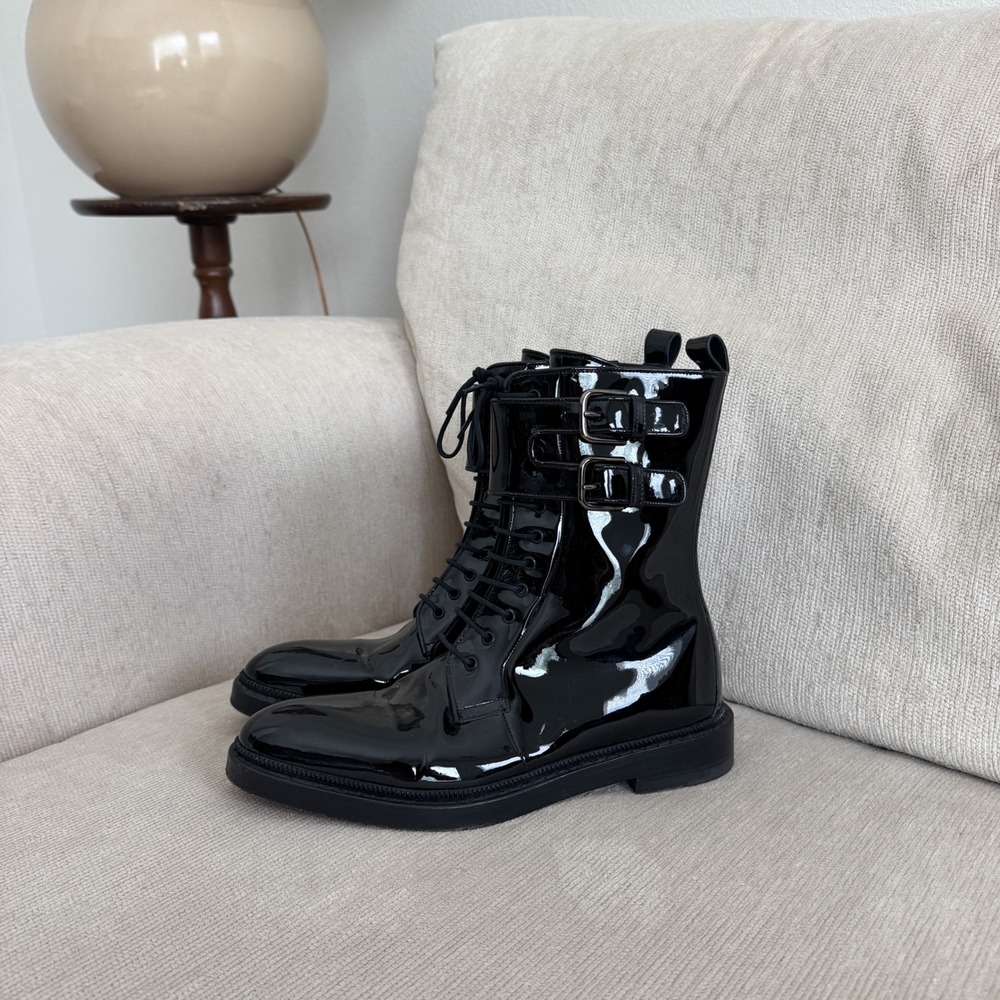 Paul Andre Black Patent Leather Lace Up Buckle Combat Boots Italy 37/6.5
